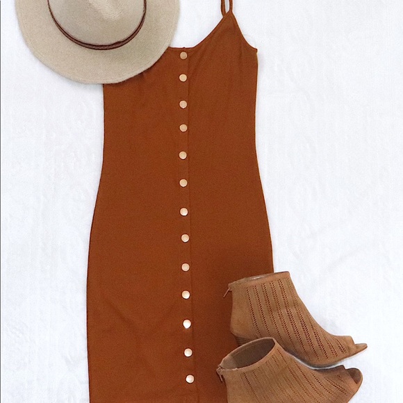 Tan Spaghetti Strap Button Dress - Picture 3 of 3